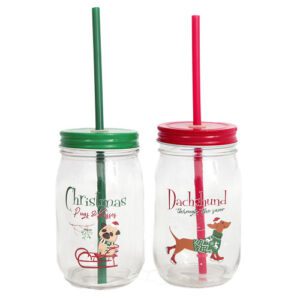 Xmas Dog Drinking Jar 2 Assorted, 8x13cm