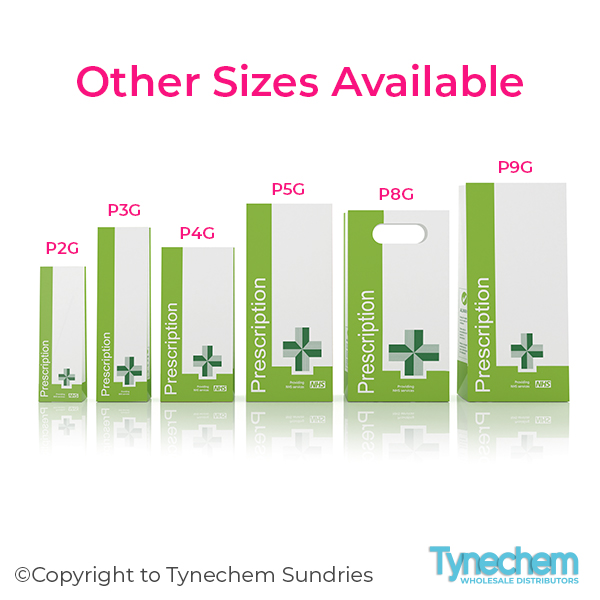 NHS Green Prescription Bags - Standing next to eachother to show sizes of NHS Green Prescription Bags P2G, NHS Green Prescription Bags P3G, NHS Green Prescription Bags P4G, NHS Green Prescription Bags P5G, NHS Green Carrier Prescription Bags P8G, NHS Green Prescription Bags P9G