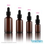 A line up of Amber Glass Dropper Bottles that show a 10ml, 20ml, 30ml and 50ml size. Amber Glass Dropper Bottles 20ml. AMBER GLASS DROPPER BOTTLES 30ML.