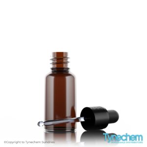 Amber Glass Dropper Bottle 20ml with the lid off showing the pipette and screw top of the dropper bottle. Amber Glass Dropper Bottles 20ml