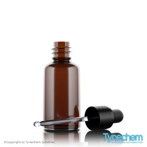 An open AMBER GLASS DROPPER BOTTLES 30ML showing the glass pipette and rubber top.AMBER GLASS DROPPER BOTTLES 30ML