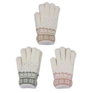 Ladies Patterned Gloves - Beige, Pink & Green